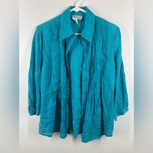NWOT 100% Linen Coldwater Creek Bright Teal Pleated Button Quarter Sleeve Top XS